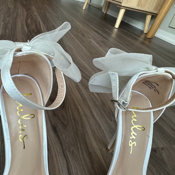 Lulus Ayanna Ivory Satin Bow Ankle Strap High Heel Sandals Size 5 - Picture 7 of 10